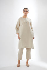 Drop-shoulder, Button-up Tunic With Pants