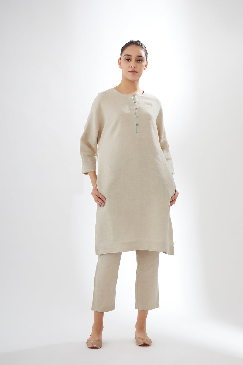 Drop-shoulder, Button-up Tunic With Pants